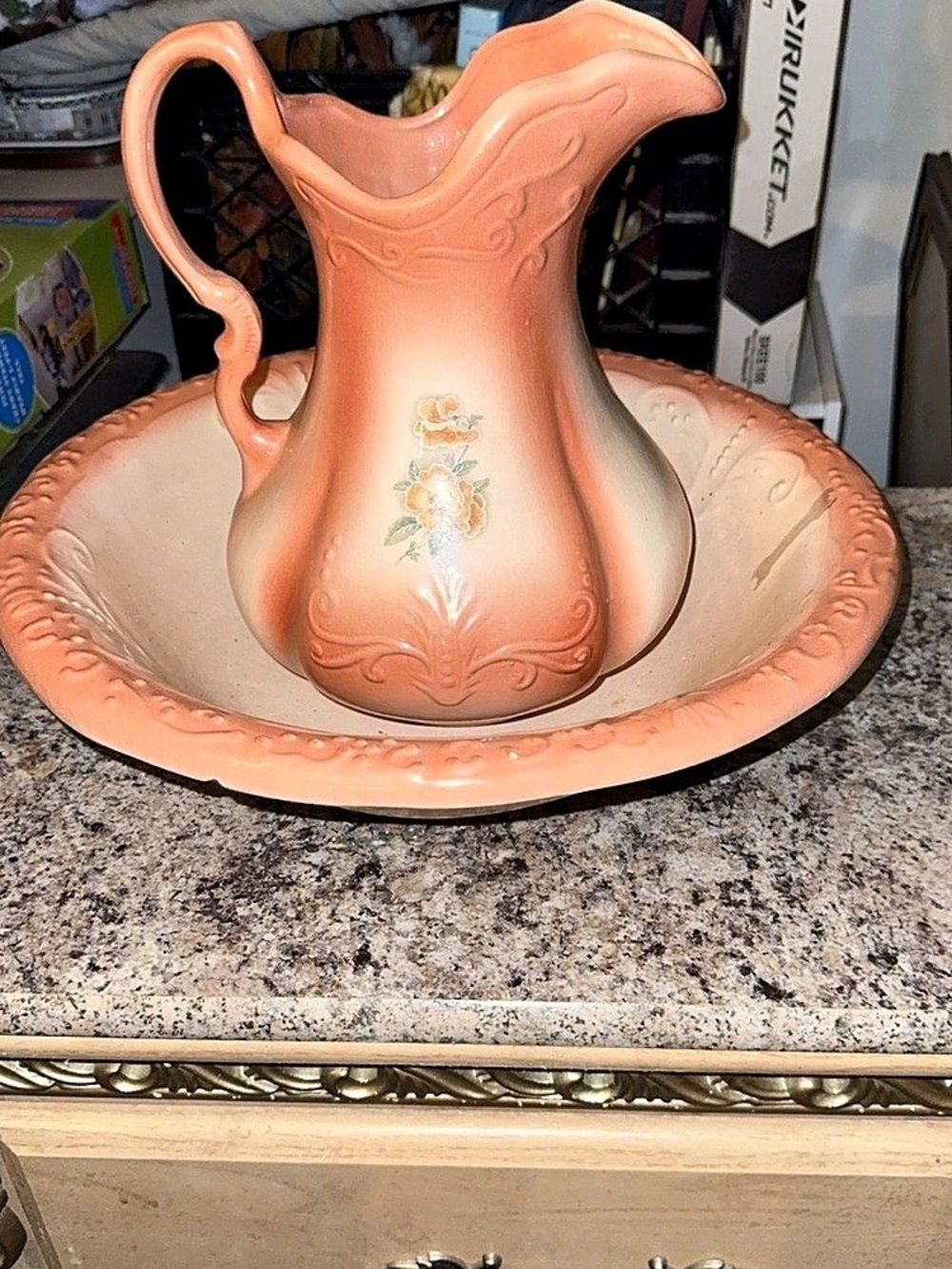 vintage peach and cream ceramic wash basin and pitcher set